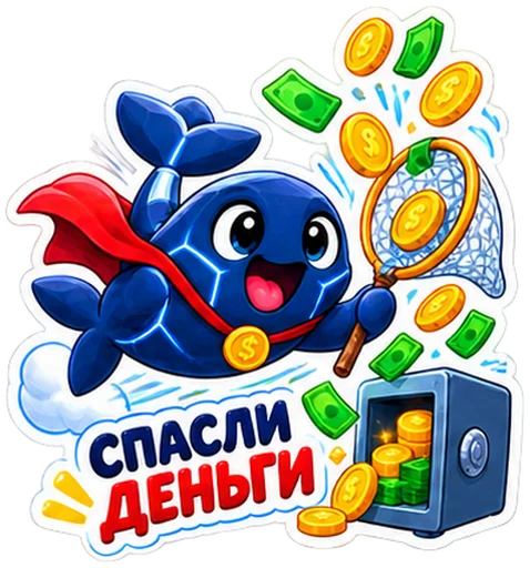 Стикер: синий кит с надписью «Спасли деньги»