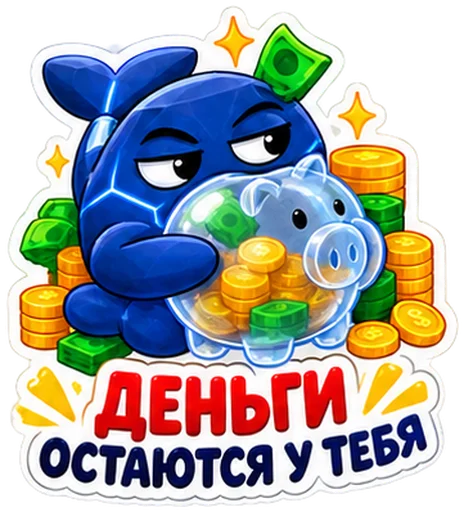 Стикер: синий кит с надписью «Деньги остаются у тебя»